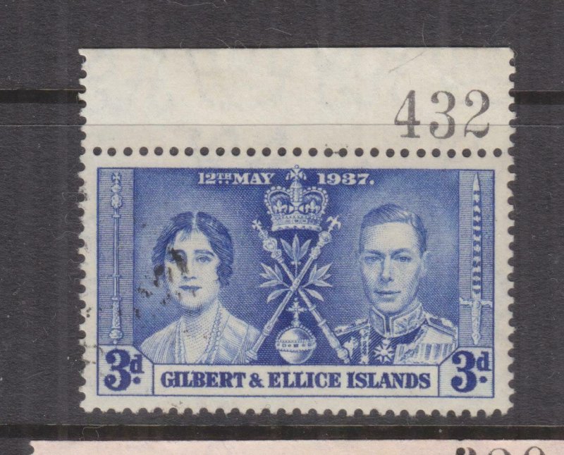 GILBERT & ELLICE ISLANDS, 1937 Coronation, 3d. Blue, Sheet # 432, used.