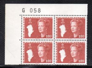 Greenland Sc 125 1.8 kr Queen stamp pl block of 4 mint NH