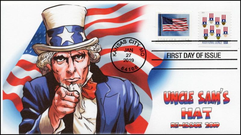 19-0018, 2019, Uncle Sam's Hat, B/.W Postmark, FDC, Re-issue