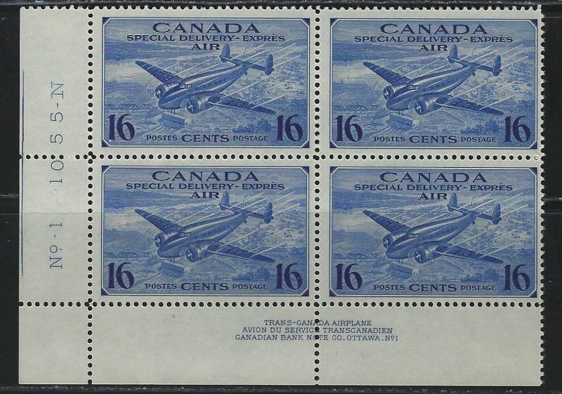 CANADA - #CE1 - 16c SPECIAL DELIVERY LL PLATE #1 MINT BLOCK (1942) MNH