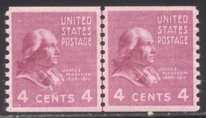 U.S. #843 CHOICE Mint XF/SUP Line Pair w/ Cert - 1939 4c Presidential Coil