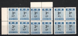 RHODESIA RAILWAYS 2d Parcels 3 Blocks of 4 KP EP KL Overprints Mint UMM SS2153