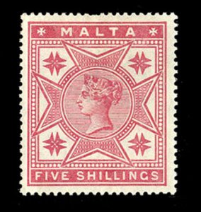 Malta #14 Cat$125, 1886 Victoria, 5sh rose, hinged