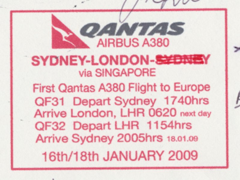 Aviation – Qantas FFC Inaugural A380  SYD- SIN- LHR 2009 see scans 