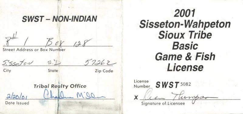 2001 USA Stamp #LT94 Sisseton-Wahpeton Sioux Tribe Game & Fish Hunting License 