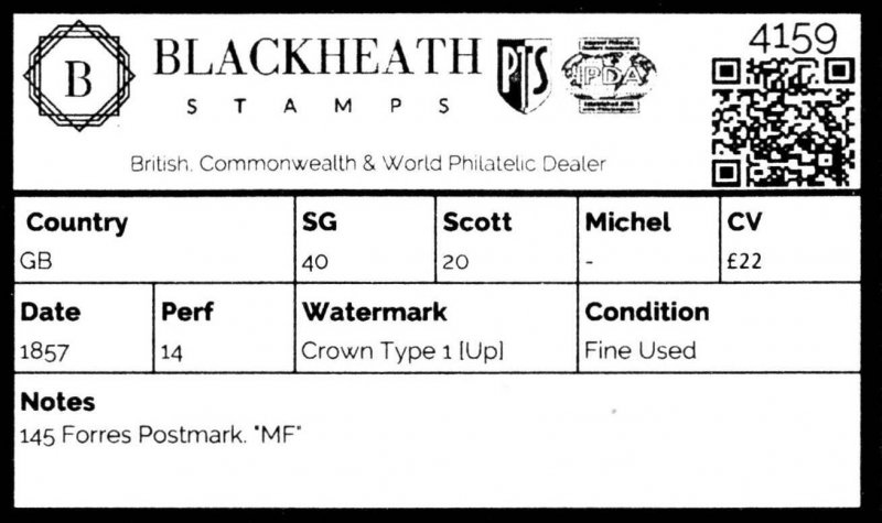 4159: GB SG40 145 Forres Postmark. MF. 1857. Sc#20 Fine Used. C£22