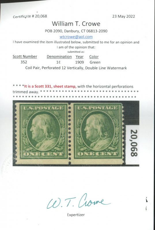 U.S. #331 MINT PAIR WITH CROWE CERT