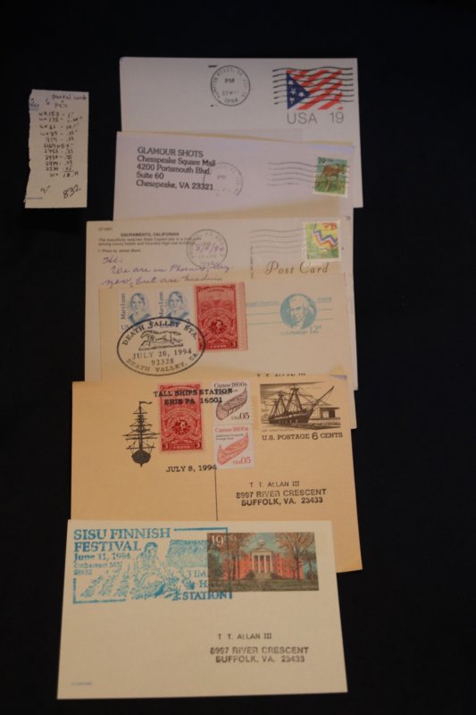 6 ea different US pc's &  postally used cards (#832)