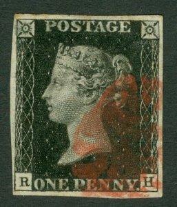 SG 2 1d black plate 7 lettered RH. Very fine used with a red Maltese cross...