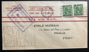 1929 Cristobal Canal Zone Panama First Fight Airmail Cover To Trujillo Peru