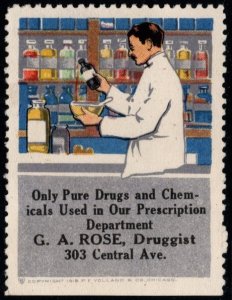 1915 US Poster Stamp Only Pure Drugs And Chemicals Used In Our Prescription Dept