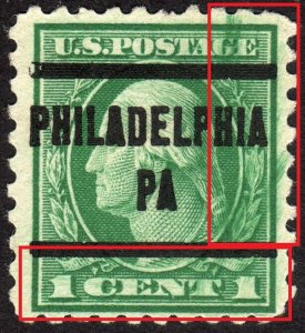 1914, US 1c, Smeared ink error, Used, Philadelphia precancel, Sc 424