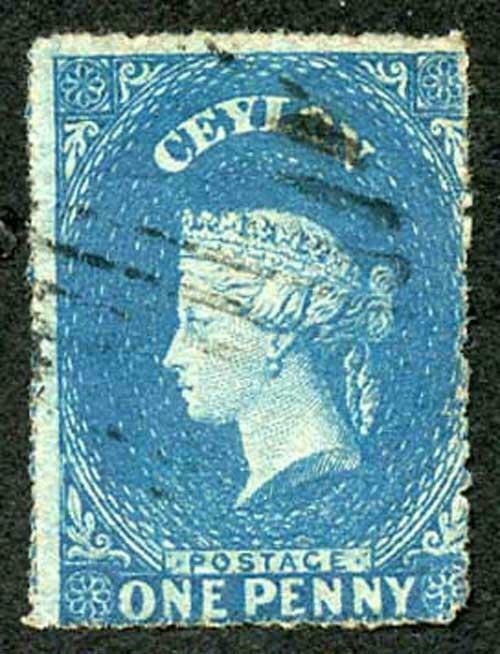 Ceylon SG28 1d Dull Blue Wmk Star Rough Perf 14 to 15.5 Cat 13 pounds