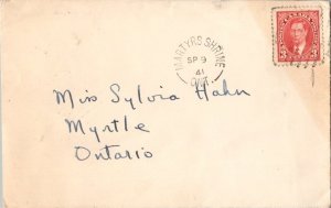 Canada 3c KGVI Mufti 1941 Martyrs Shrine, Ont. 1931-1971 split ring to Myrtle...