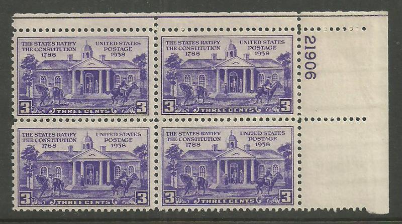 #835 Ratification Plate Block Mint NH #21906