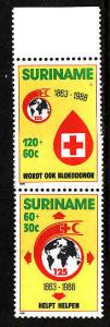 Suriname-Sc#B366-67-unused NH semi-postal set-Red Cross-Red Crescent-1988-
