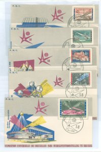 Belgium B619/B624 1958 FDC - World's Fair (short set of five - no B621) on five cacheted unadressed FDC