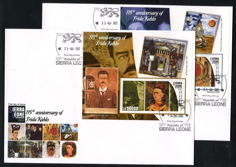SIERRA  LEONE 155th ANN OF FRIDA KAHLO SOUVENIR SHEETS ON  FIRST DAY COVERS