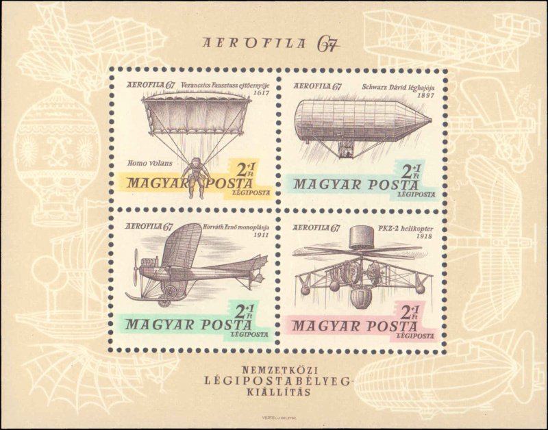 Hungary #CB30b, Complete Set, 1967, Airplanes, Helicopters, Zeppalin, Aviatio...