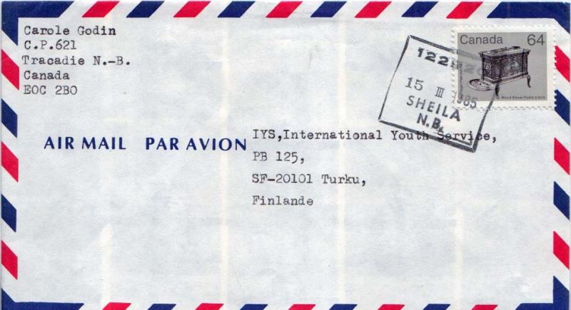 Canada 64c Wood Stove Artifacts 1985 122920 Sheila, N.B. Airmail to Turku, Fi...