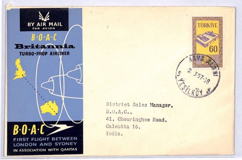 TURKEY Air Mail 1957 Cover BOAC BRITANNIA FIRST FLIGHT INDIA Yeşilköy YT232