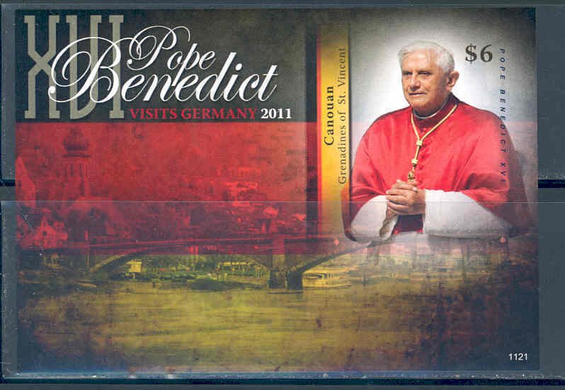 CANOUAN  POPE BENEDICT XVI VISITS GERMANY SOUVENIR SHEET IMPERF  MINT NH 