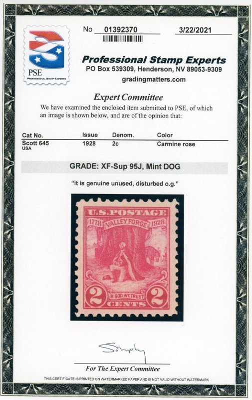 US Stamp #645 Valley Forge 2c - PSE CERT - XF-SUP 95 J - DOG - SMQ $100.00