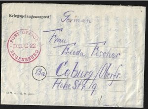 GERMANY 1946 PRISONER OF WAR W/ REGENSBURG DISPLACED PERSONS CAMP CANCEL IN RED