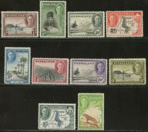 NYASALAND Sc#68-76, 84 1945-47 KGVI Definitives Set to 1sh OG Mint Hinged