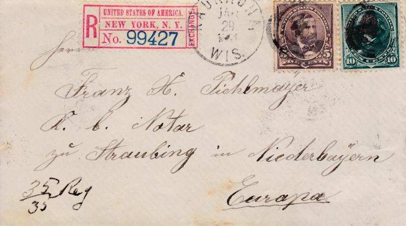 U.S.1891 Cover Kaukauna, Wis. Registered to Stravbing, Germany. VF+