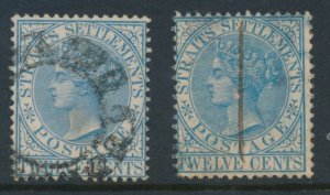 Straits Settlements 1868 SG 15 & 15a TWELVE CENTS Blue & Ultramarine CROWN CC