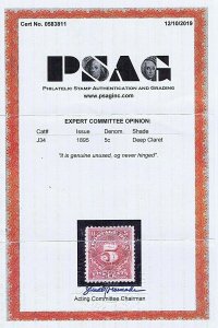 SC# J34 UNUSED ORIG GUM MNH 5 CENT POSTAGE DUE STAMP 1895, 2019 PSAG CERT, VF 