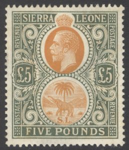SG 130 Sierra Leone 1912-21. £5 orange & green. A fine fresh mounted mint...