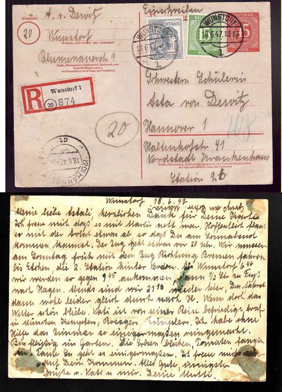 D4-#13917-Germany-registered postal card-Wunstorf to Hanover