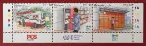 Malaysia 2020 World Post Day Strip of 3V with bottom margins & plate 1A MNH