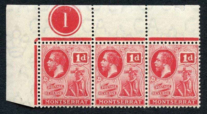 Montserrat SG50a 1d carmine-red U/M Plate Strip (mounted in margin) Cat 120 pou