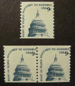 Scott 1616, 9 cent Capitol Dome, Pair & Single, shiny gum, MNH Americana coil