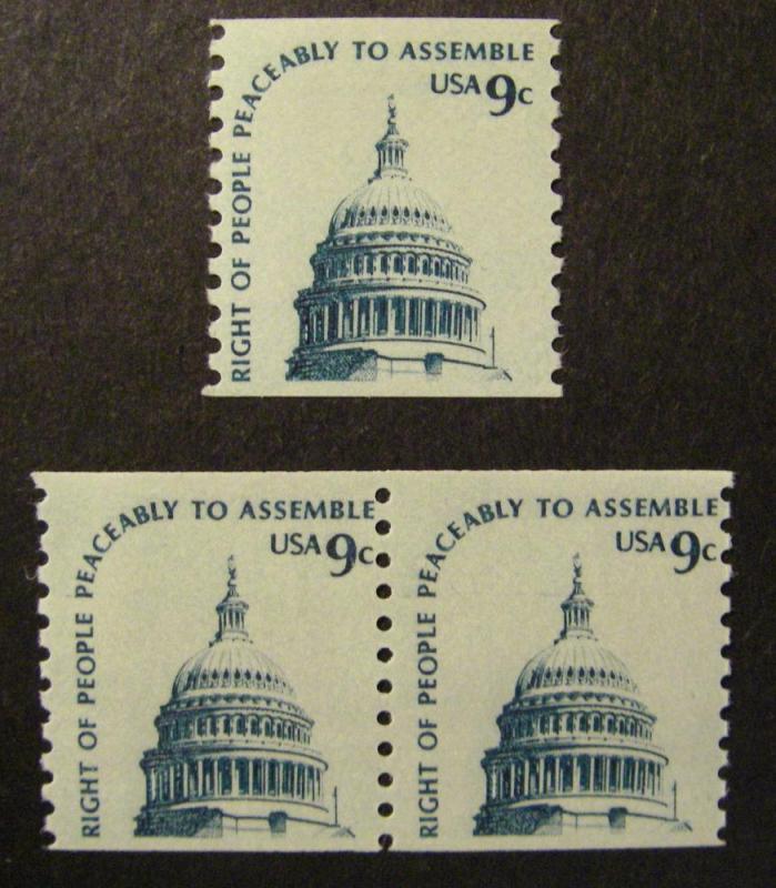 Scott 1616, 9 cent Capitol Dome, Pair & Single, shiny gum, MNH Americana coil