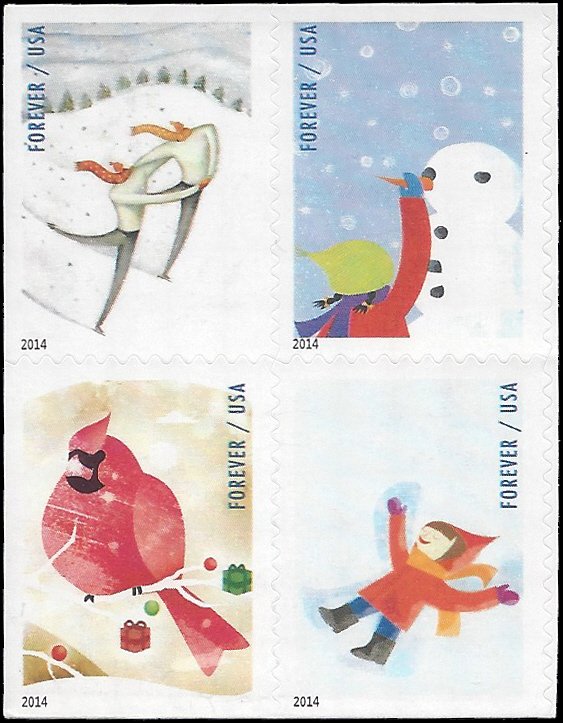 #4937-4940 (49c Forever) Winter Fun Booklet Header Block/4 2014 Mint NH