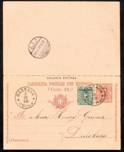 ERITREA 1899 7 1/2c + 7 1/2c POSTAL REPLY CARD Attached Mailed to Germany