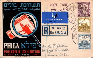 1945 Tel Aviv Palestine Registered Air Mail Postcard Cover to London England