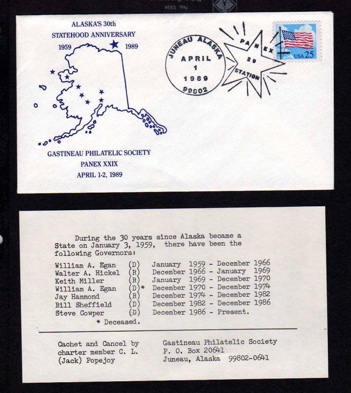 Alaska 30th Statehood Anniversary 1989 State Map Juneau with Insert Stamp Cover