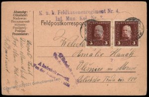 Austria WWI KuK Feldkanonenregiment Nr 4 Franked Feldpost Moravia PC G69751