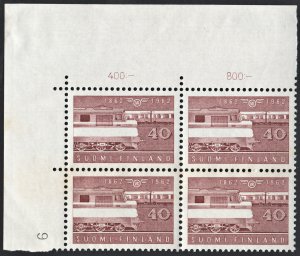 Finland SC#390 40 Mk 100th Anniversary of the Railway Plate Block (1962) MNH