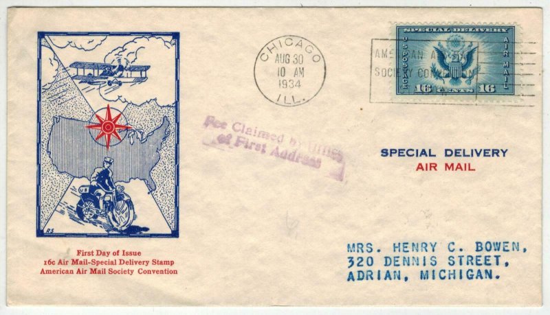 1934 USA AIRMAIL SPECIAL DELIVERY 1st One Issued! CE1 Kee Cachet Motorcycle