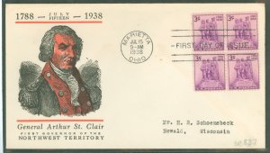 US 837 1938 3c Northwest Territory 150th Anniversary (block of 4) on an addressed (typed) FDC
