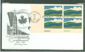 US 1324 1967 5c Canada Centenary FDC plate # block of 4 stamps, 2#, unaddressed Artmaster cachet