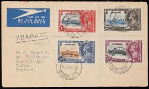 SWAZILAND 1936 Airmail Registered cover KGV Silver Jubilee set. To England.