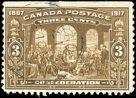 Canada #135 F-VF Used 3¢ Confederation Anniversary - Small Hinge thin