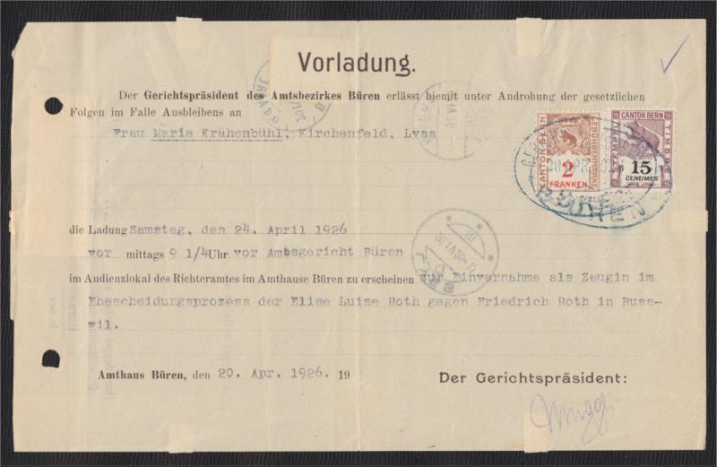 SWITZERLAND 60C R-COVER COURT CORRESPONDENCE INISIDE REVENUE